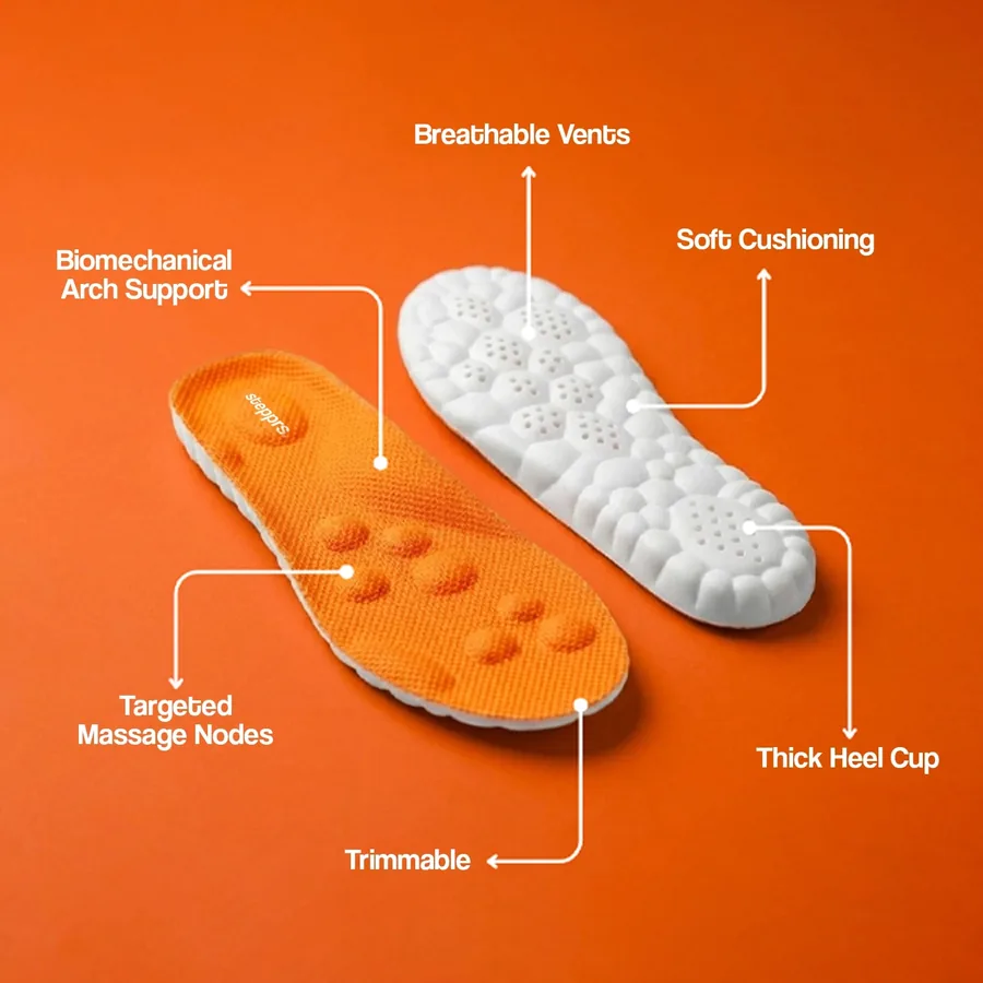 Stepprs massage insole diagram showing arch support, massage nodes, vents, heel cup, and trim lines