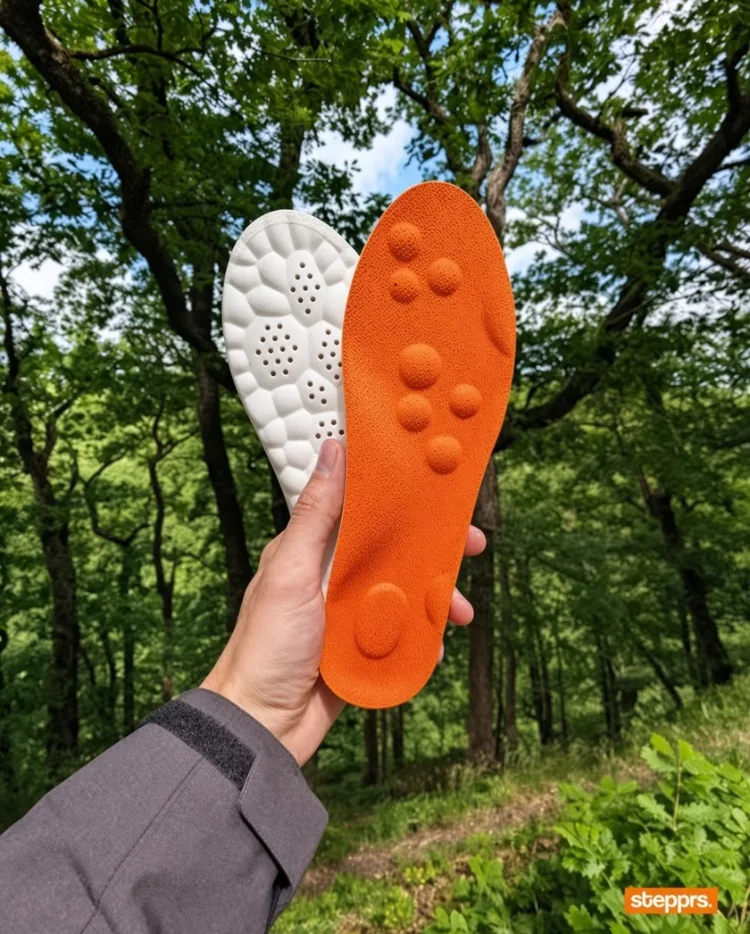 A hand holding an orange Stepprs massage insole and its white cushioned base in a forest